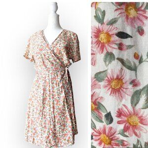 Vintage 90s Jonathan Martin Floral Wrap Dress Short Sleeve Lightweight White Pin